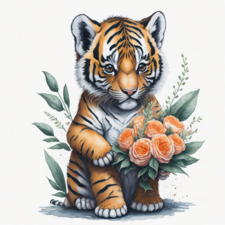 Tiger with bouquet of flowers. Watercolor illustration for your designの写真素材