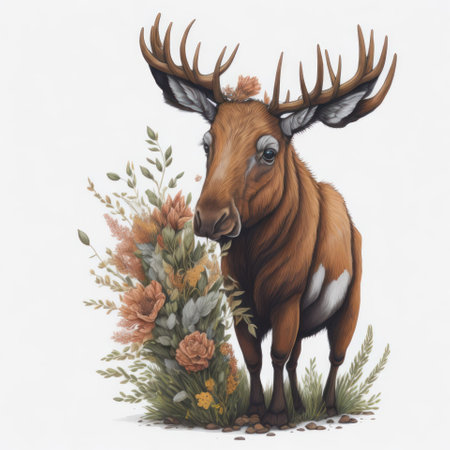 cartoon illustration of a moose with a bouquet of flowersの写真素材
