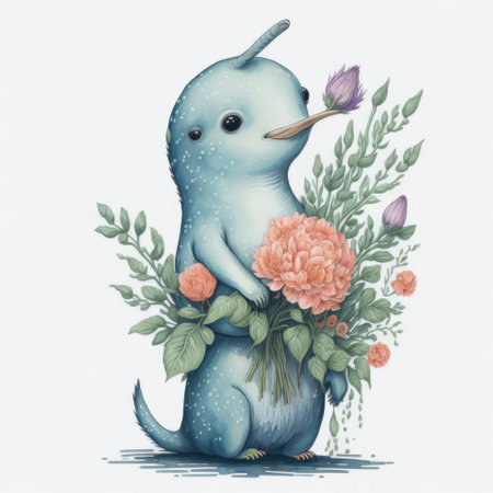 Illustration of a cute blue bird with a bouquet of flowersの写真素材