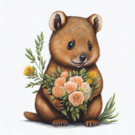 Watercolor illustration of a hamster with a bouquet of flowersの写真素材