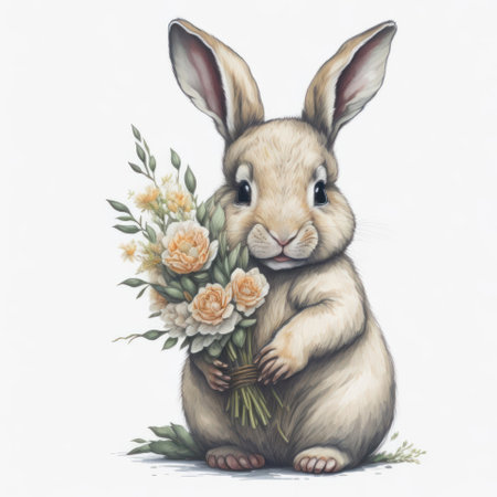Rabbit with a bouquet of flowers on a white background.の写真素材