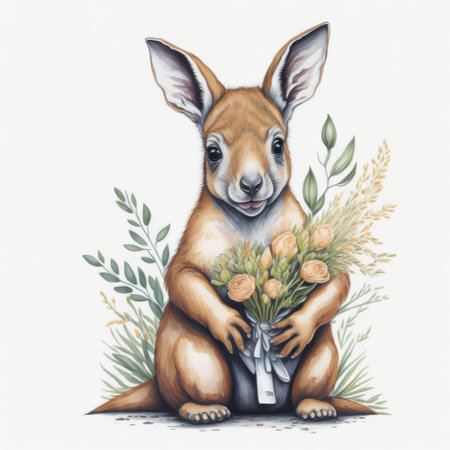 Kangaroo with bouquet of flowers. Hand drawn illustration.の写真素材