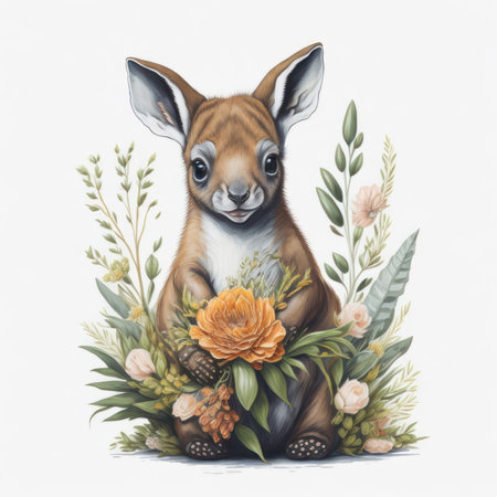 Cute little deer with flowers isolated on white background. Watercolor illustration.の写真素材
