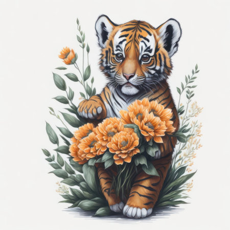 Hand-drawn illustration of a tiger with a bouquet of flowersの写真素材