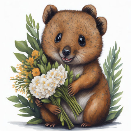 Hamster with a bouquet of flowers on a white background.の写真素材