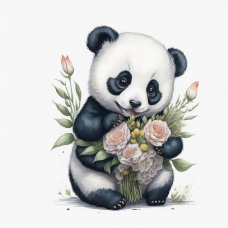 cartoon panda bear with a bouquet of flowers, illustration for childrenの写真素材