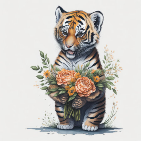 Cute tiger with bouquet of flowers, watercolor illustration.の写真素材