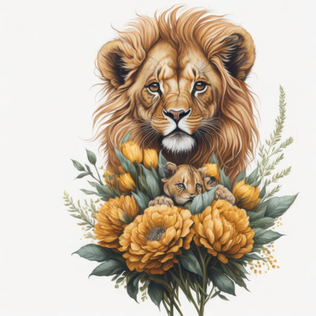 lion with a bouquet of flowers on a white background.の写真素材