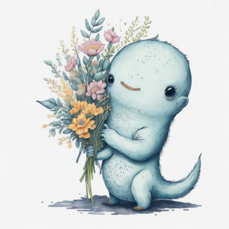 Cute watercolor blue whale with a bouquet of flowers.の写真素材