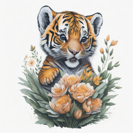 Watercolor illustration of tiger with flowers. Isolated on white background.の写真素材