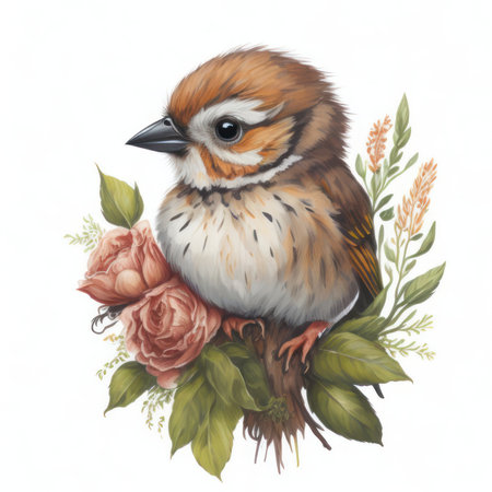 Watercolor illustration of a cute bird sitting on a branch with flowersの写真素材