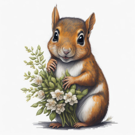 cartoon image of squirrel with a bouquet of flowers on a white backgroundの写真素材
