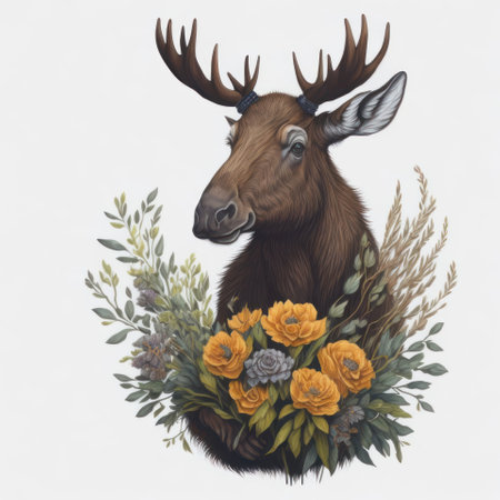 Illustration of a moose with a bouquet of wildflowersの写真素材