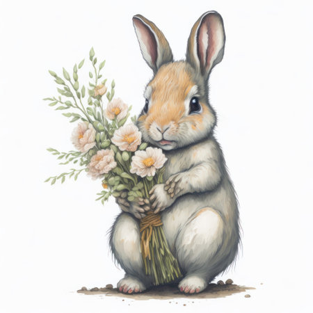 Easter bunny with a bouquet of flowers. Watercolor illustration.の写真素材