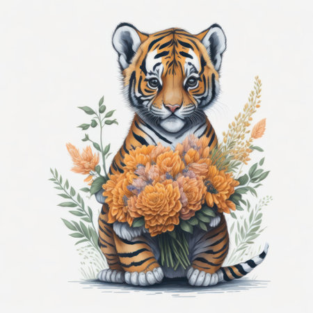 Cute tiger with bouquet of flowers. Watercolor illustration.の写真素材