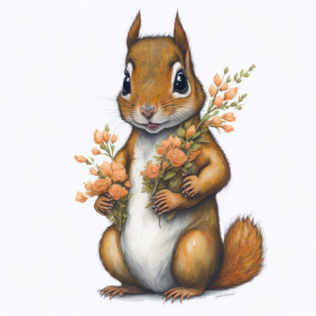 cartoon squirrel with a bouquet of flowers on a white backgroundの写真素材