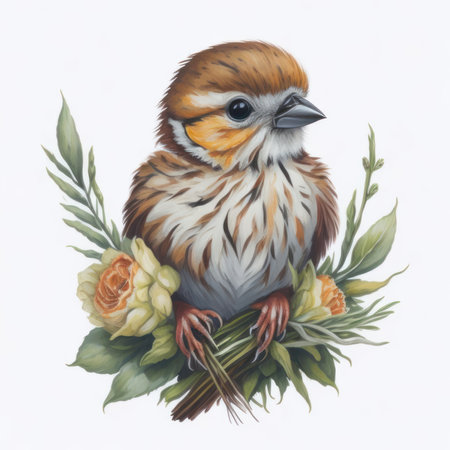 Watercolor illustration of a bird with flowers. Isolated on white background.の写真素材