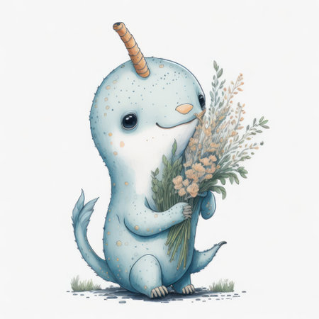 Cute cartoon dinosaur with a bouquet of flowers. Hand drawn illustration.の写真素材
