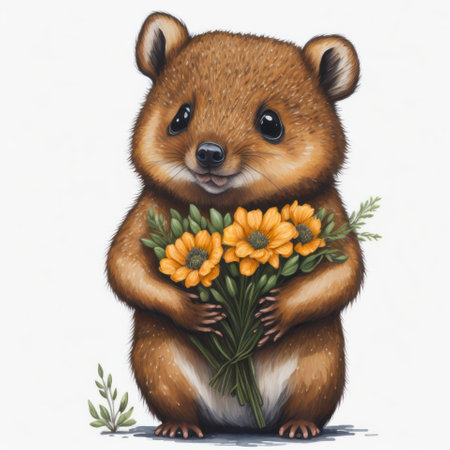 cartoon image of hamster with bouquet of flowers on white backgroundの写真素材