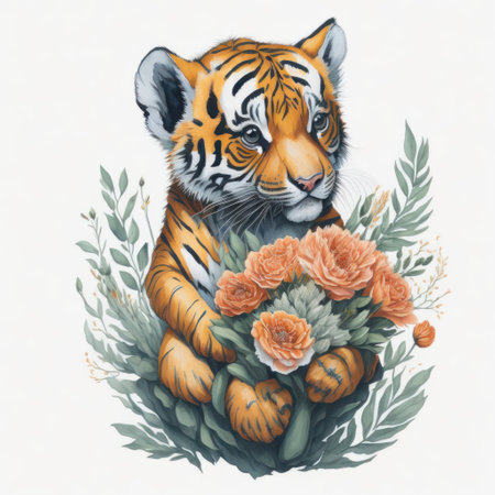 Watercolor illustration of a tiger with a bouquet of flowers.の写真素材