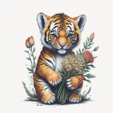 Watercolor illustration of a tiger cub with a bouquet of flowersの写真素材