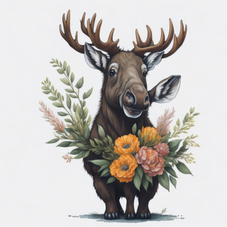 Watercolor illustration of a moose with a bouquet of flowers.の写真素材