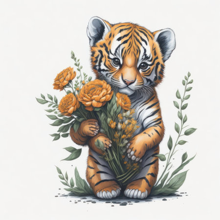 Cute tiger with a bouquet of flowers. Vector illustration.の写真素材