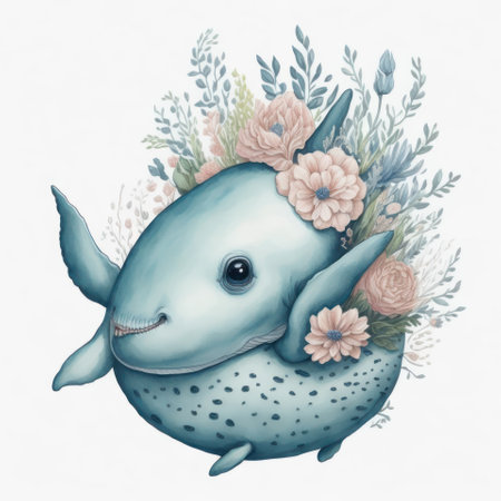 Watercolor illustration of a cute baby whale in a floral wreathの写真素材