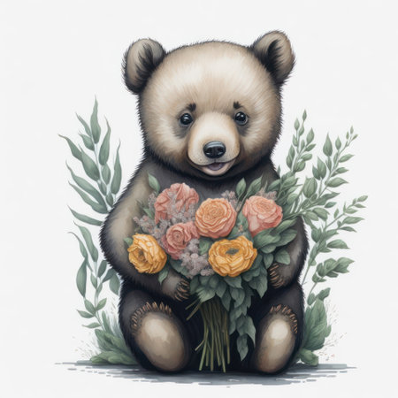 Cute bear with a bouquet of flowers on a white backgroundの写真素材