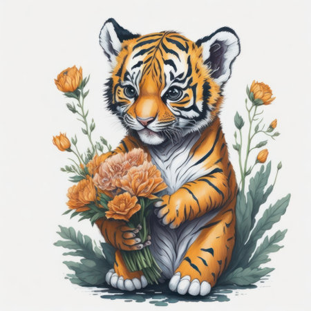 Hand drawn tiger with flowers isolated on white background. Watercolor illustration.の写真素材