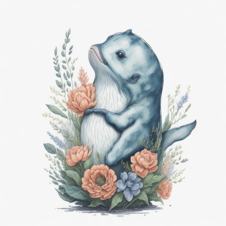 Cute blue whale with flowers. Hand drawn watercolor illustration.の写真素材