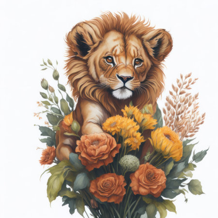 Lion and orange flowers isolated on white background. Watercolor illustration.の写真素材
