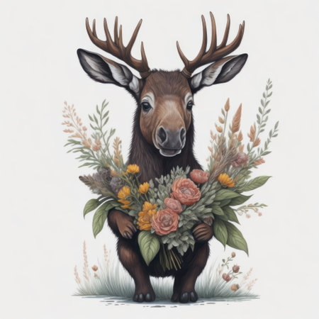 Illustration of a deer with a bouquet of flowers on a white backgroundの写真素材