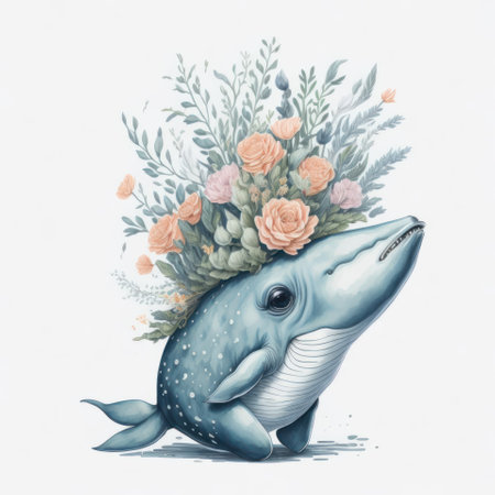 Watercolor illustration of a cute blue whale with a bouquet of flowersの写真素材