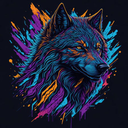 Wolf head with colorful splashes on a black background. Vector illustration.の写真素材