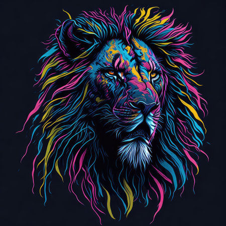Lion head with colorful feathers. Vector illustration on black background.の写真素材