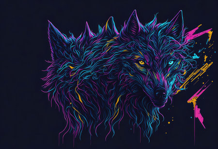 Illustration of a wolf head with an abstract pattern on a dark backgroundの写真素材