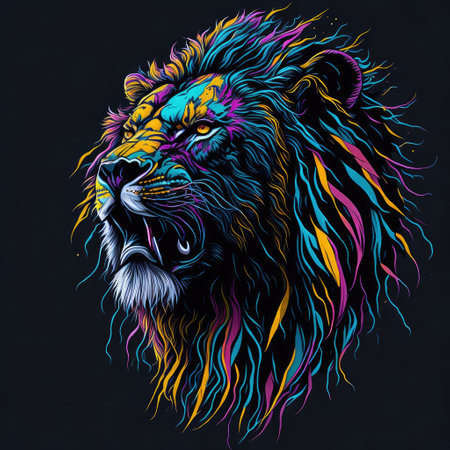 Lion head with colorful feathers on a dark background. Vector illustration.の写真素材