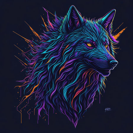 Vector illustration of a wolf head with colorful lines and dots on a dark background.の写真素材