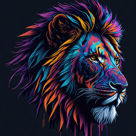 Lion head with colorful abstract background. Hand drawn vector illustration.の写真素材