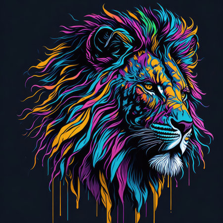 Lion head with colorful paint splashes on dark background. Vector illustration.の写真素材