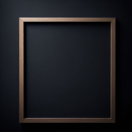 Wooden frame on black wall background. 3d render illustration.の写真素材