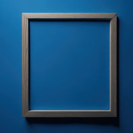 Wooden frame on blue wall. 3d render illustration mockupの写真素材