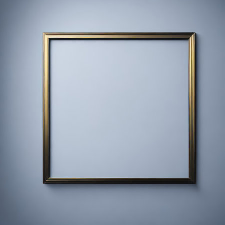 blank picture frame on blue wall, 3d render illustration mock upの写真素材
