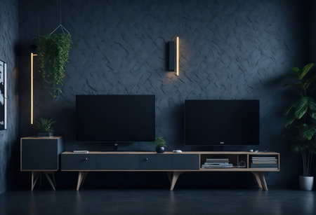 TV set on the wall in modern living room. 3d renderingの写真素材
