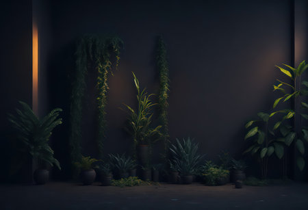3D render of a dark room with plants in pots and a wall lampの写真素材