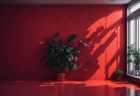 Bright red interior with palm tree and sunlight. 3D Renderingの写真素材