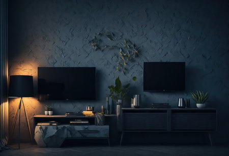 Interior of modern living room with black walls, concrete floor, dark wooden cabinet with books, coffee table and TV. 3d renderの写真素材