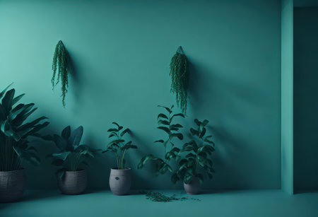 Green wall with plants in pots, 3d rendering. Computer digital drawing.の写真素材