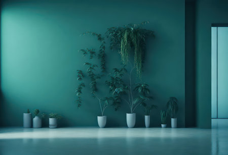 Interior of modern bright room with green walls, concrete floor and plants in pots. 3d renderingの写真素材